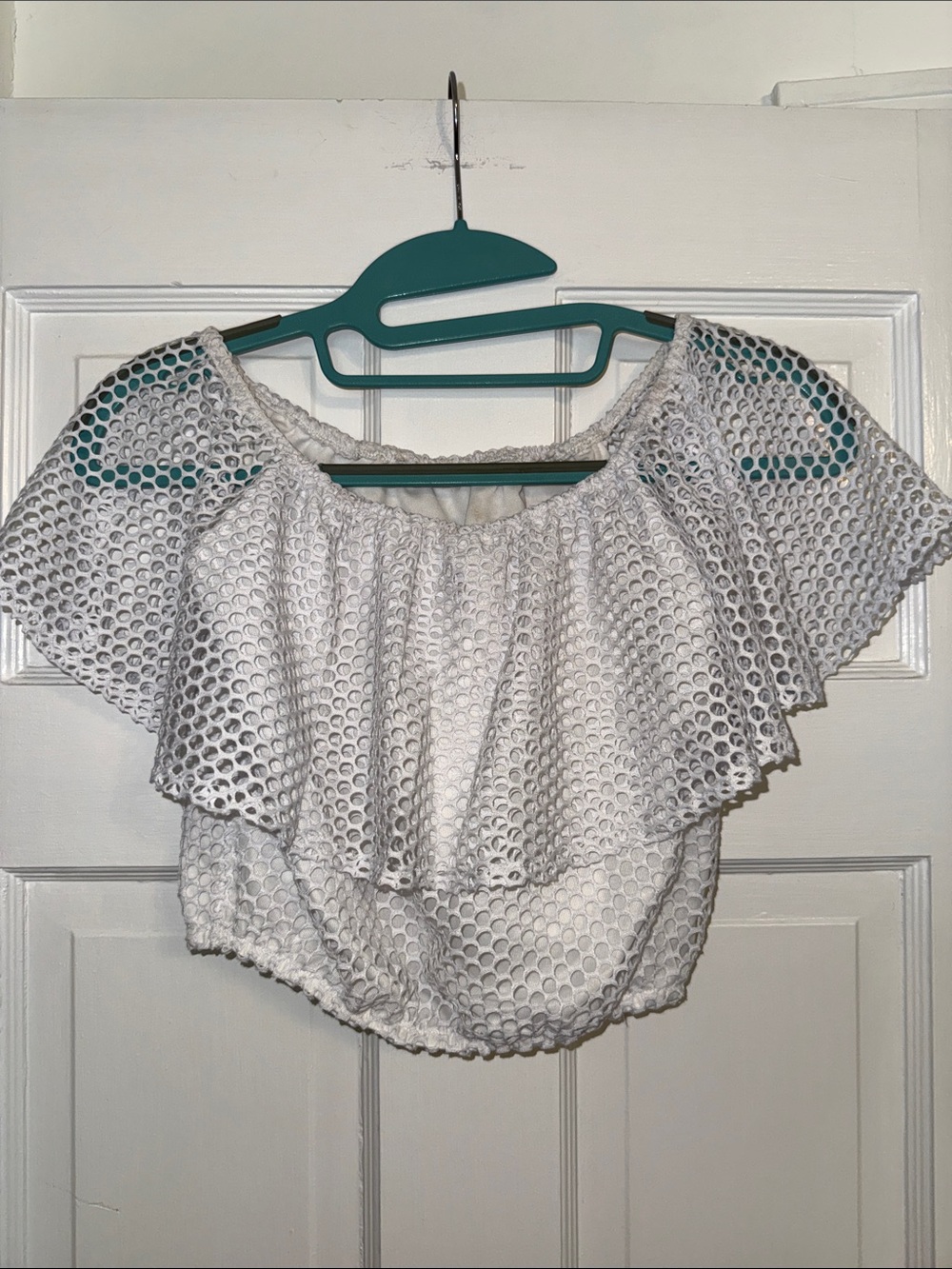 White Off-Shoulder Eyelet Ruffle Crop Top